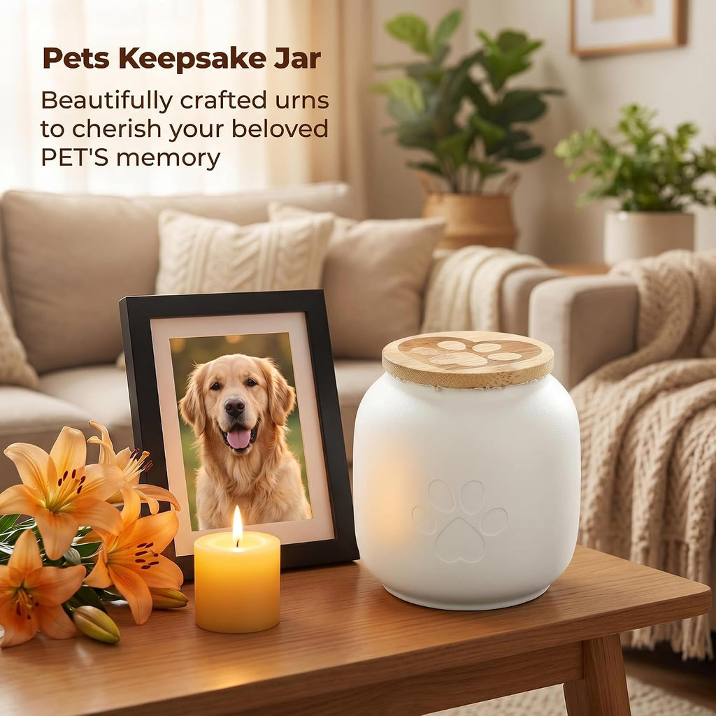 Small Pet Urn for Ashes, Cremation Memorial Urns for Cats & Dogs, 3.7"x4.1" White Ceramic Paw Design Keepsake Jar