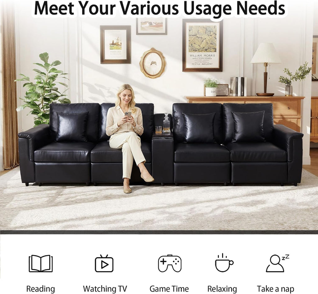 Faux Leather Sectional Sofa, Modern Leather 4 Seater Couch with Pillows and Storage Console, Modular Cloud Sofa, Black