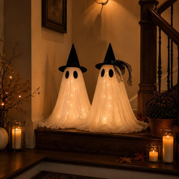 2-Pack Halloween Ghost Decor Set, USB Powered w/Remote Lights - Set of 2