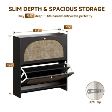 Shoe Organizer, Slim Shoe Rack with 2 Flip Drawers, Modern Boho Rattan Shoe Cabinet Storage, Narrow Shoe Cabinet
