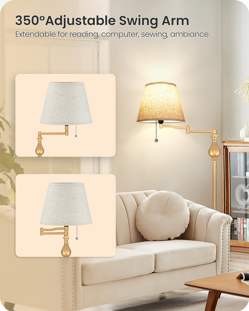 61"Vintage Gold Floor Lamp with 350°Adjustable Swing Arm, Pull Chain Switch