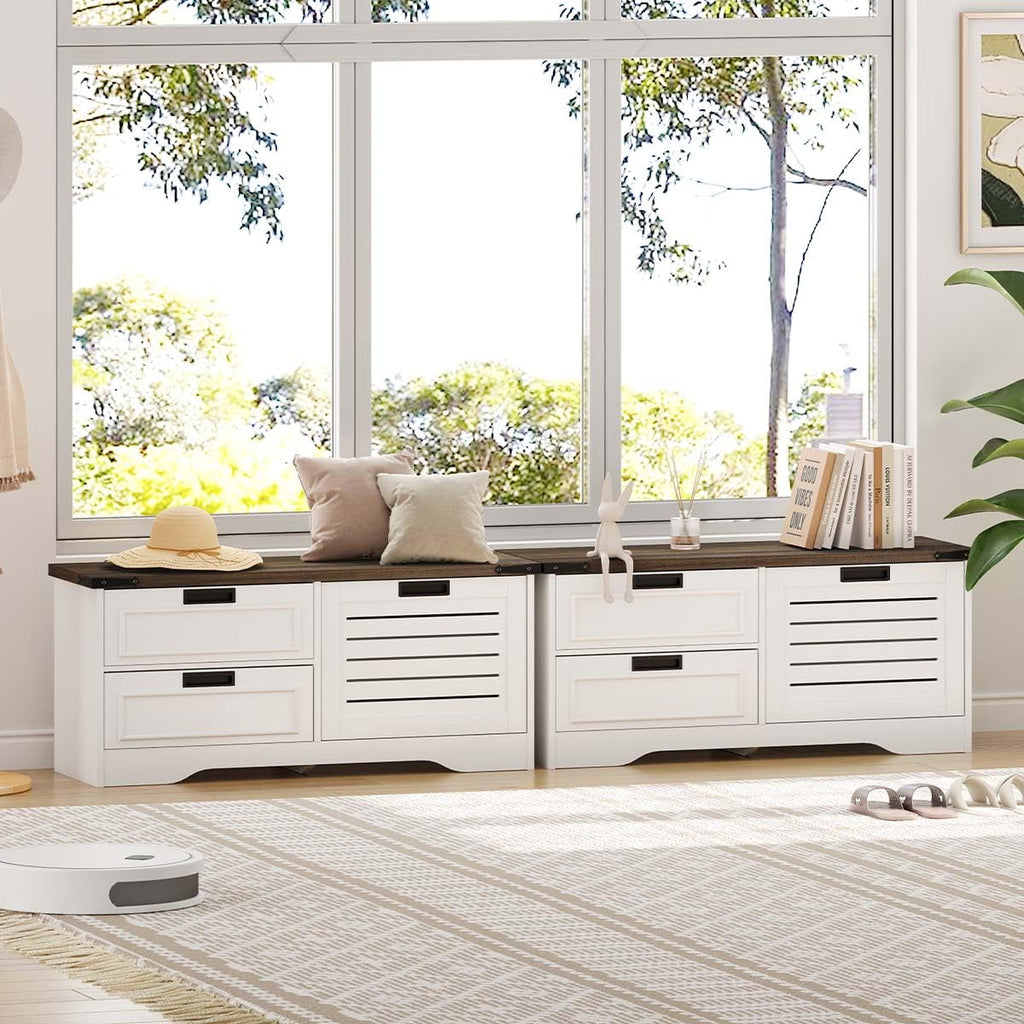 Shoe Storage Bench with Flip Drawer, Wooden Entryway Bench, Modern Shoe Cabinet with Removable Drawers (Walnut Brown