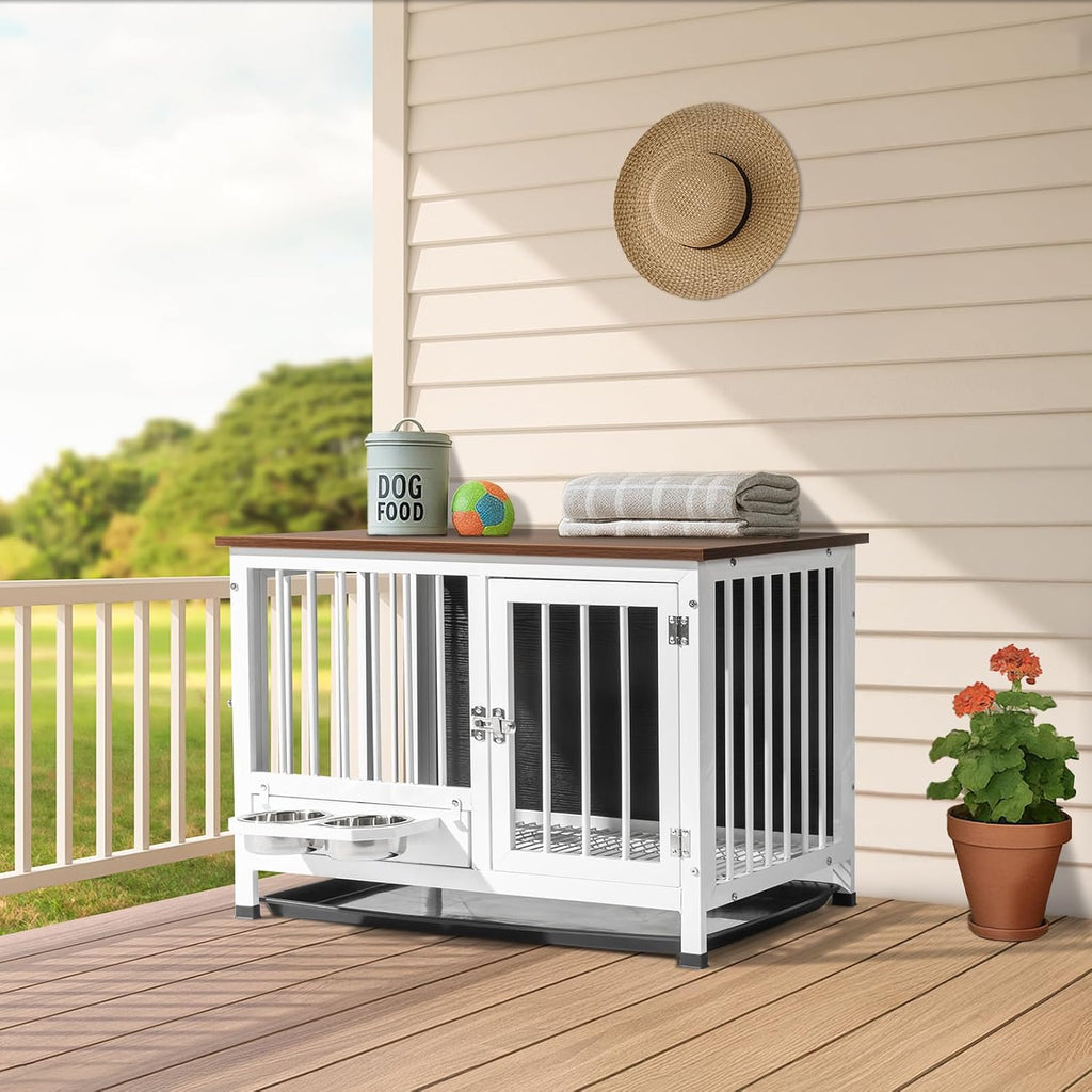 Dog Crate Furniture, 32.5" Wooden Dog Kennel with 360° Swivel Feeder, Dog Cage Indoor for Small and Medium Dogs, Easy