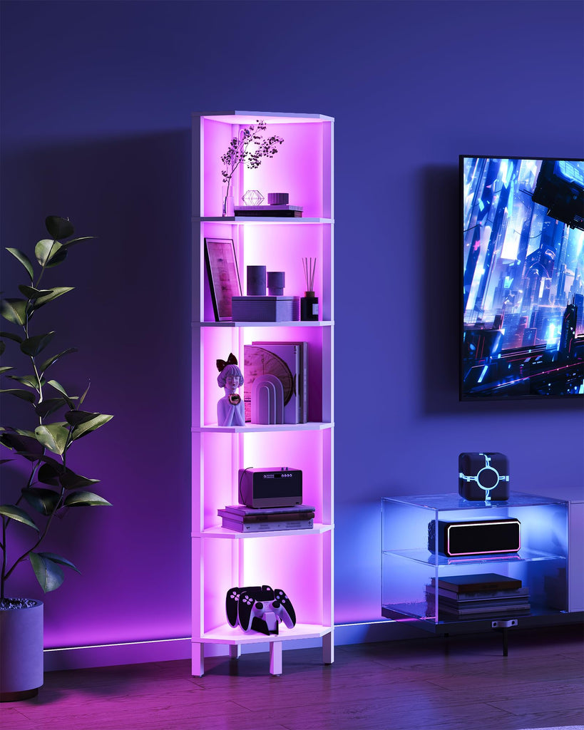 LED Corner Shelf with Lights, 5-Tier Diamond Shape Bookshelf, Standing Narrow Storage Organizer, Study, White