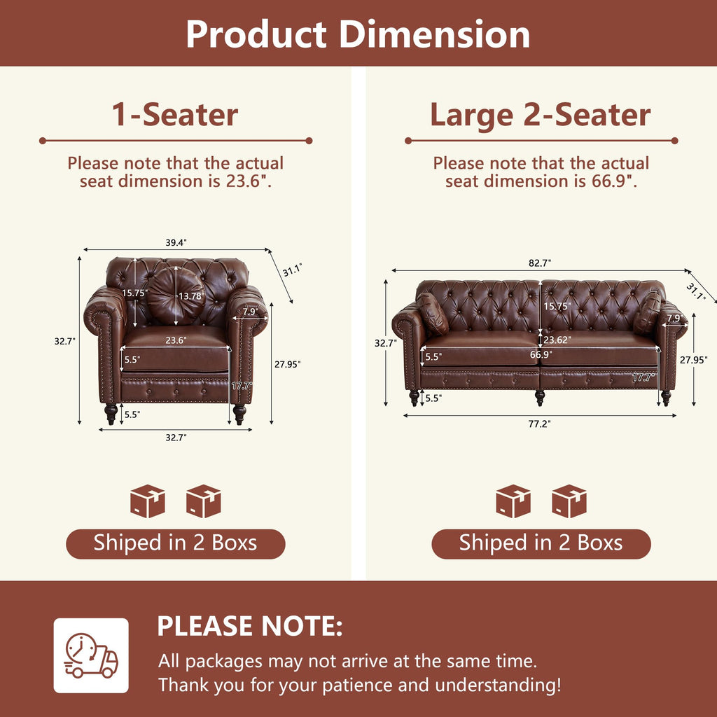 2 Pieces Living Room Furniture Set, High Back Modern Faux Leather Chair Loveseat Couch with Button Tufted, Nailhead