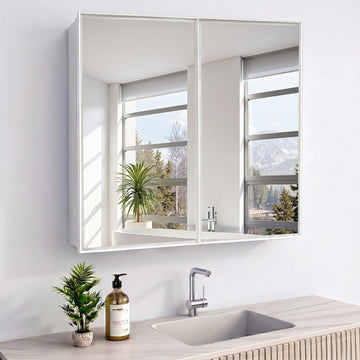 26 x 32 Inch Bathroom Medicine Cabinet with Double Mirror Doors, Recessed or Surface Mount Wall Cabinet , Plastic