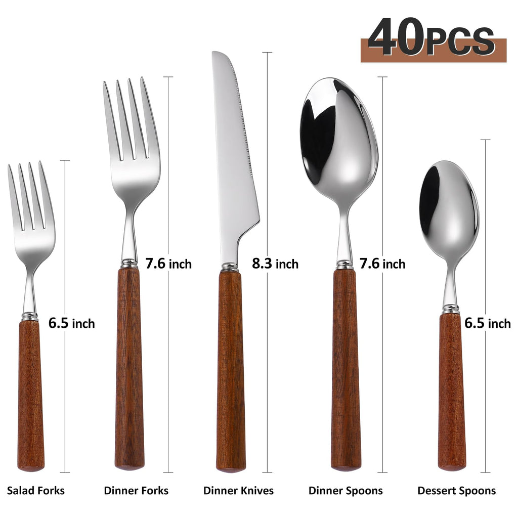 Silverware Set, 20 Piece Mirror Flatware Set 18/8 Stainless Steel Eating Utensils With Wooden Handle, A Complete