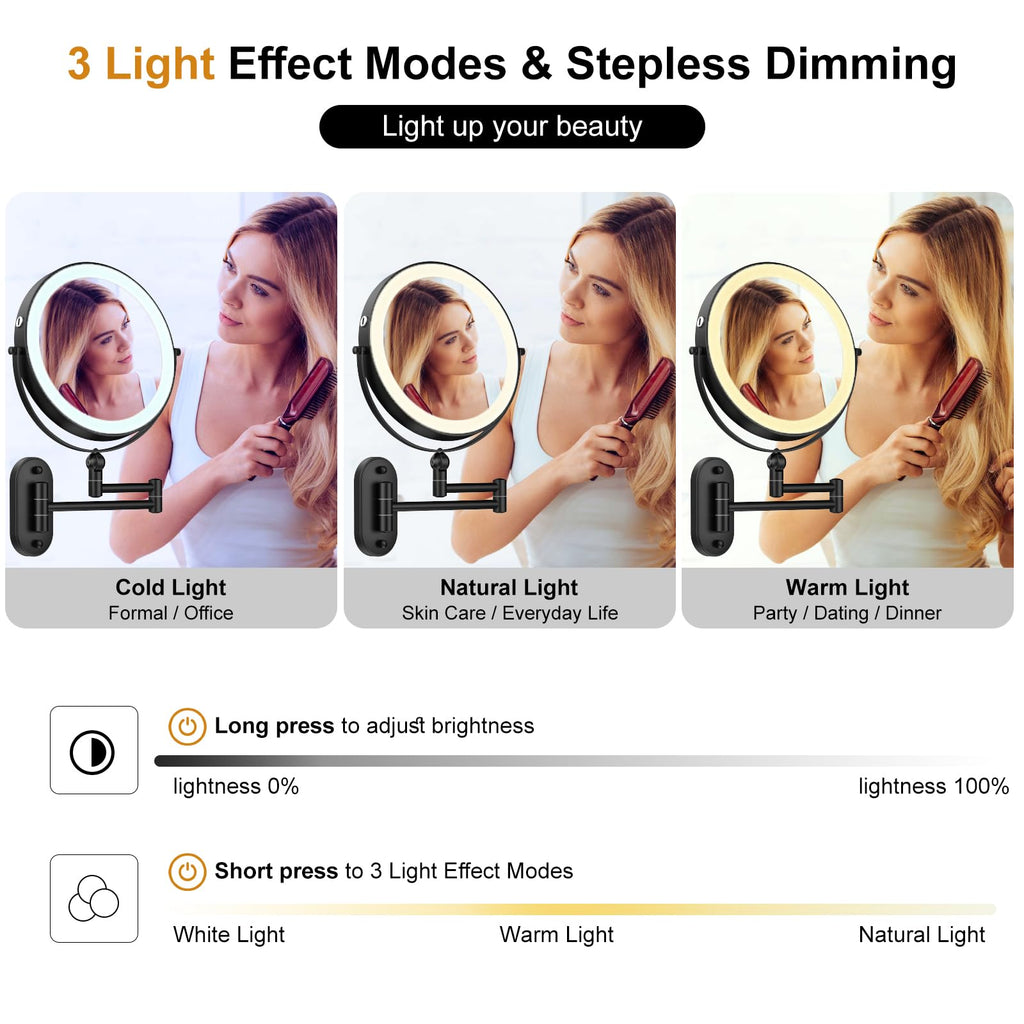 9" Wall Mounted Lighted Makeup Mirror,4000mAh Rechargeable Double Sided 1X/10X Magnifying Mirror with Light,3 Color