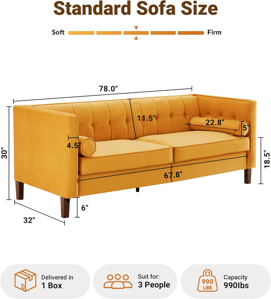 78'' W Velvet Sofa, Mid-Century Love Seats Sofa Furniture with Bolster Pillows