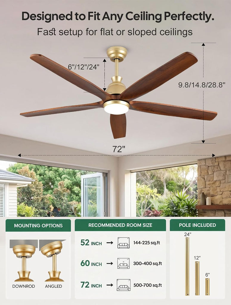 72 Inch Ceiling Fan with Light, Gold Brass Finish, 5 Solid Walnut Wood Blades, Remote, Quiet DC Motor for High Ceilings