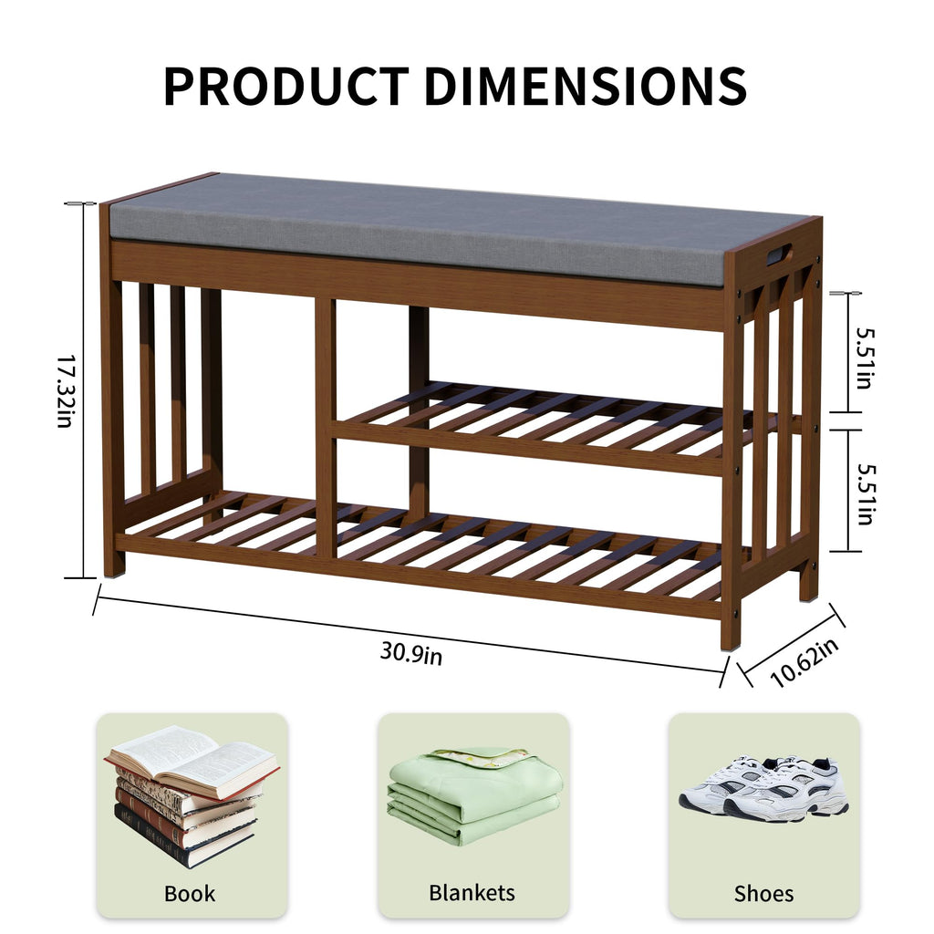 Shoe Rack Bench, Bamboo Shoe Storage Bench with Cushion