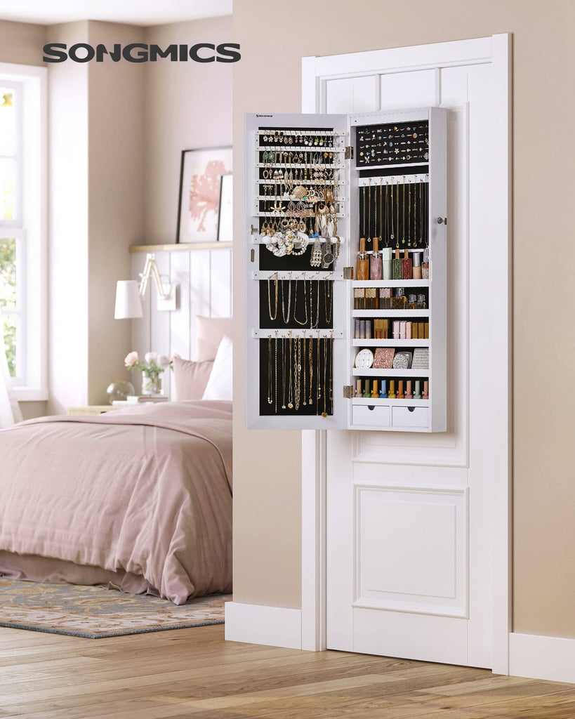 Mirror Jewelry Cabinet Armoire, Wall or Door Mounted, Lockable