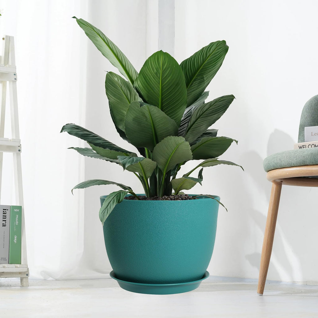 12inch Large Plant Pot, Modern Plastic Planter with High Driange Holes and Saucer for Indoor Outdoor Garden Plants