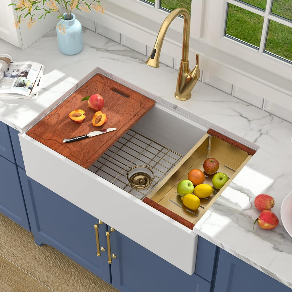 33 Inch White Farmhouse Kitchen Sink Workstation Fireclay Porcelain Ceramic Apron Front Farm Sink Deep Single Bowl