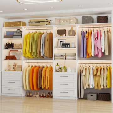 Closet System with 6 Wood Drawers, 6-12FT Closet Organizer System with Cuttable Shelves for Walk in Closet with 6