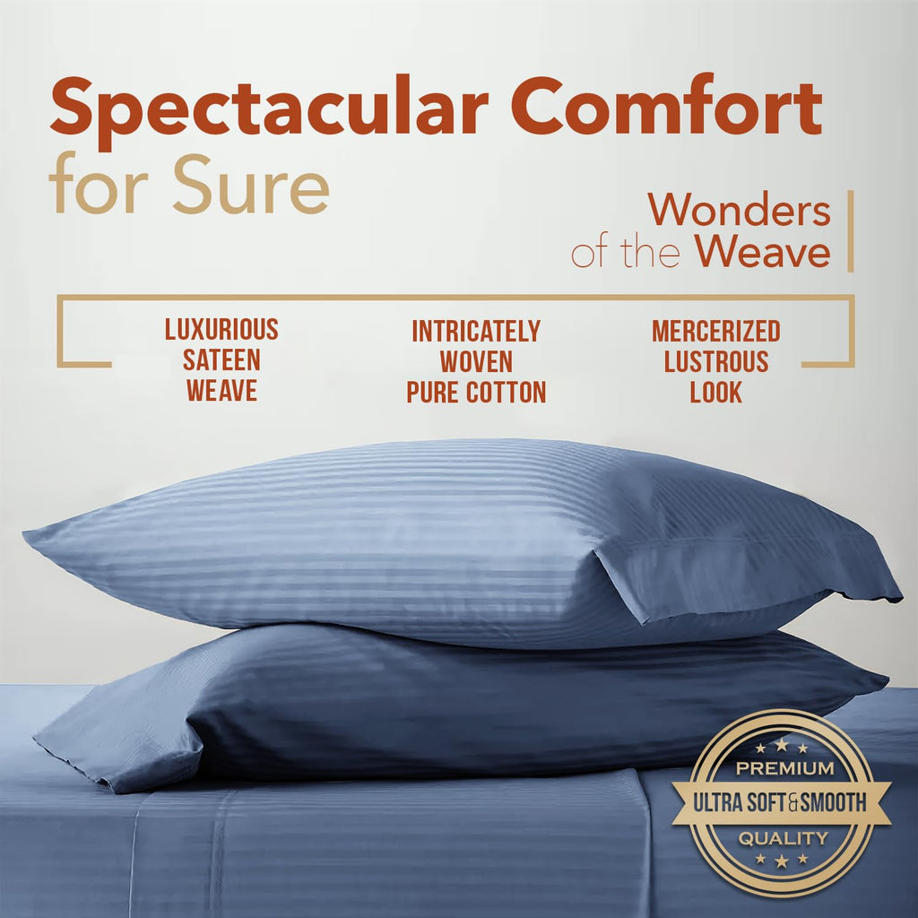 King Size Sheets Set - 600 Series Egyptian Cotton Sheets King Size (4 PC, Light Blue Stripe), 16" Deep Pocket, Soft