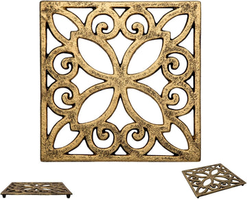 Gold with Black Cast Iron Trivet - Square 6.5"×6.5" - Rubber Feet - Set of 4