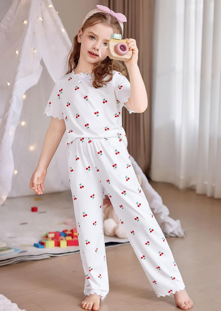 Girls Pajamas Short Sleeve Long Pant Sleepwear Soft Shirring Pjs