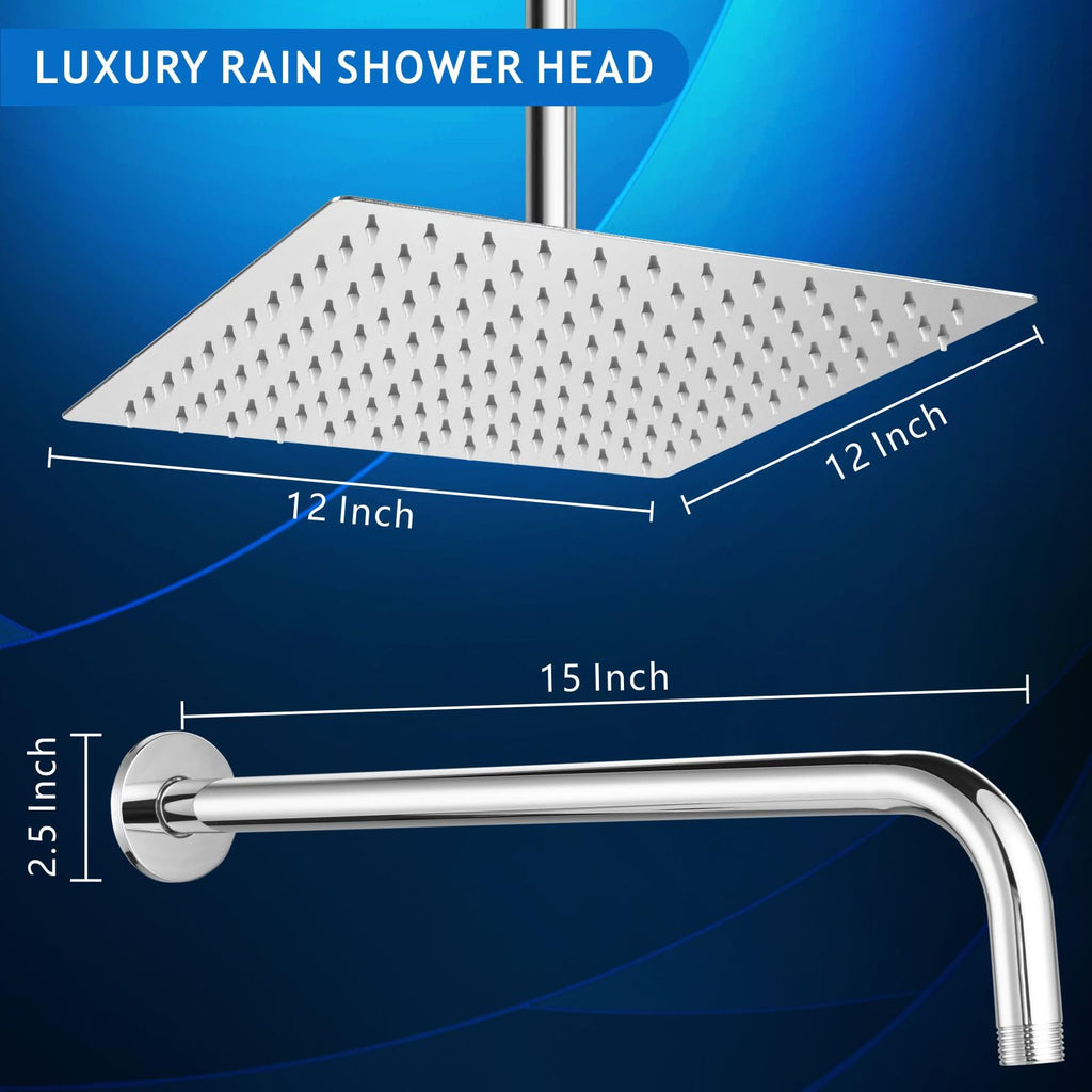 All Metal Shower Head with Extension Arm, Stainless Steel Waterfall Rainfall Showerhead, High Flow Bathroom Square