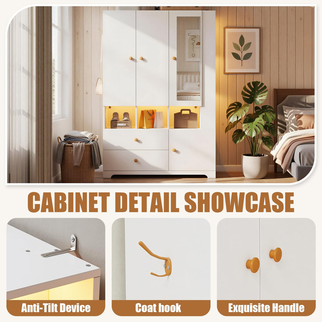 3‐Door Armoire Wardrobe Closet, 71" Bedroom Cabinet with Mirror