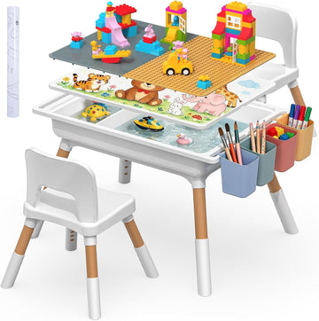 6 in 1 Kids Table and 2 Chairs Set, Dual Size Block Building Desktop