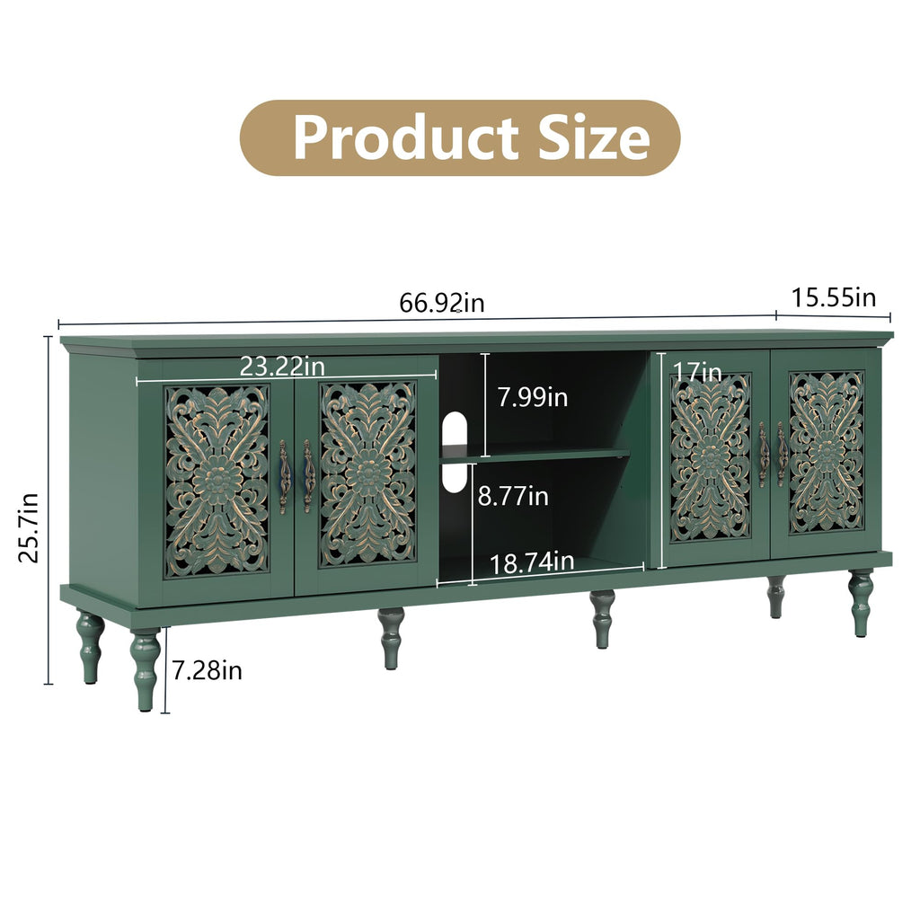 67" Retro TV Stand with Hollow Carved Doors, Green
