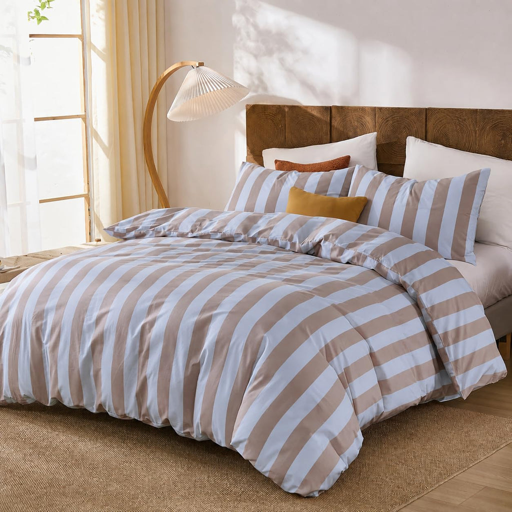 Blue and Brown Striped Duvet Cover Set King Size, 100% Cotton Bedding Set with Zipper Closure & 8 Corner Ties, Luxury