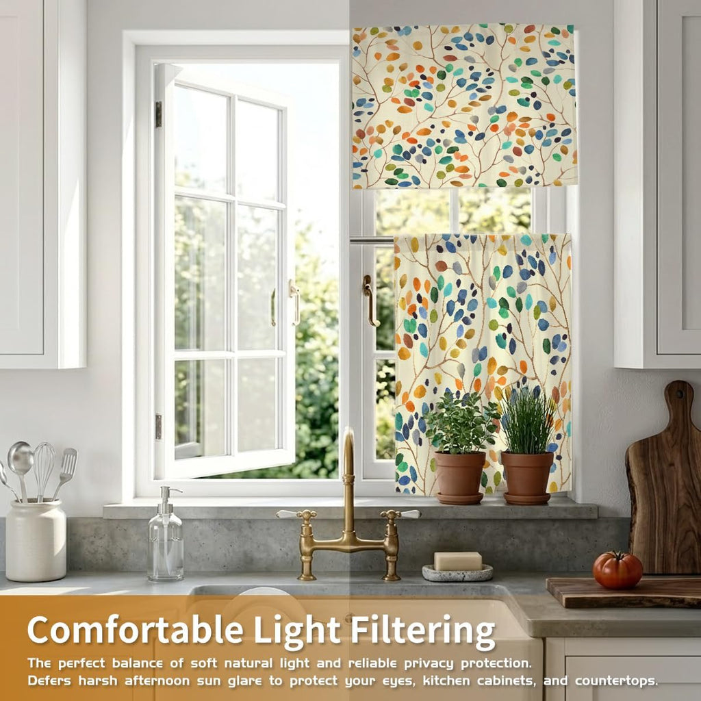 Colorful Kitchen Curtains Valance and Tiers Set Over Sink, 52x18 inch + 26x36 inch x 2, Cute Watercolor Floral Boho
