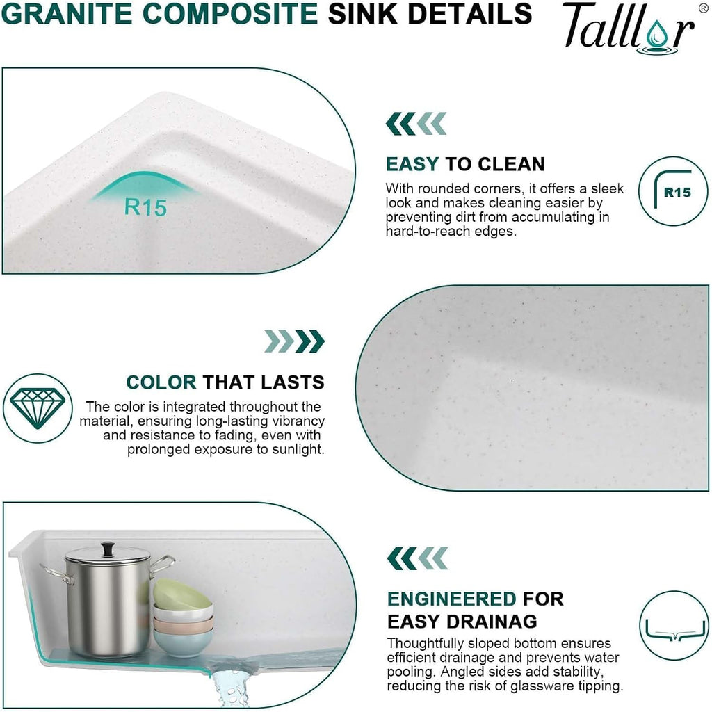 28 Inch Granite Composite Kitchen Sink - White Undermount Workstation All-In One Quartz Classic Single Bowl Sink