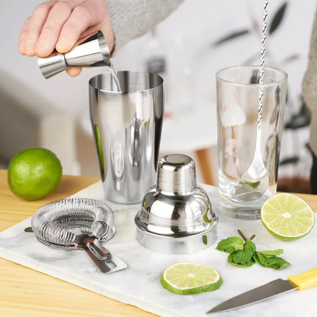 6-Piece Cocktail Shaker Set 24oz Shaker Strainer Muddler Jigger Mixing Spoon Pour Spout Bartender Kit Stainless Steel