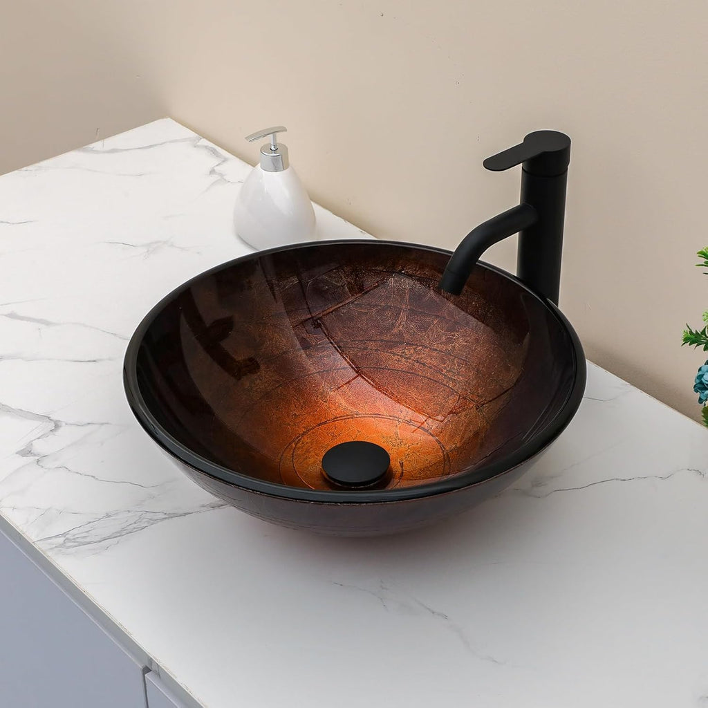 Sarlai Artistic Vessel Sink Bathroom Vessel Sink Round Brown Tempered Glass Vanity Round Bowl With Pop-up Drain 16-1/2