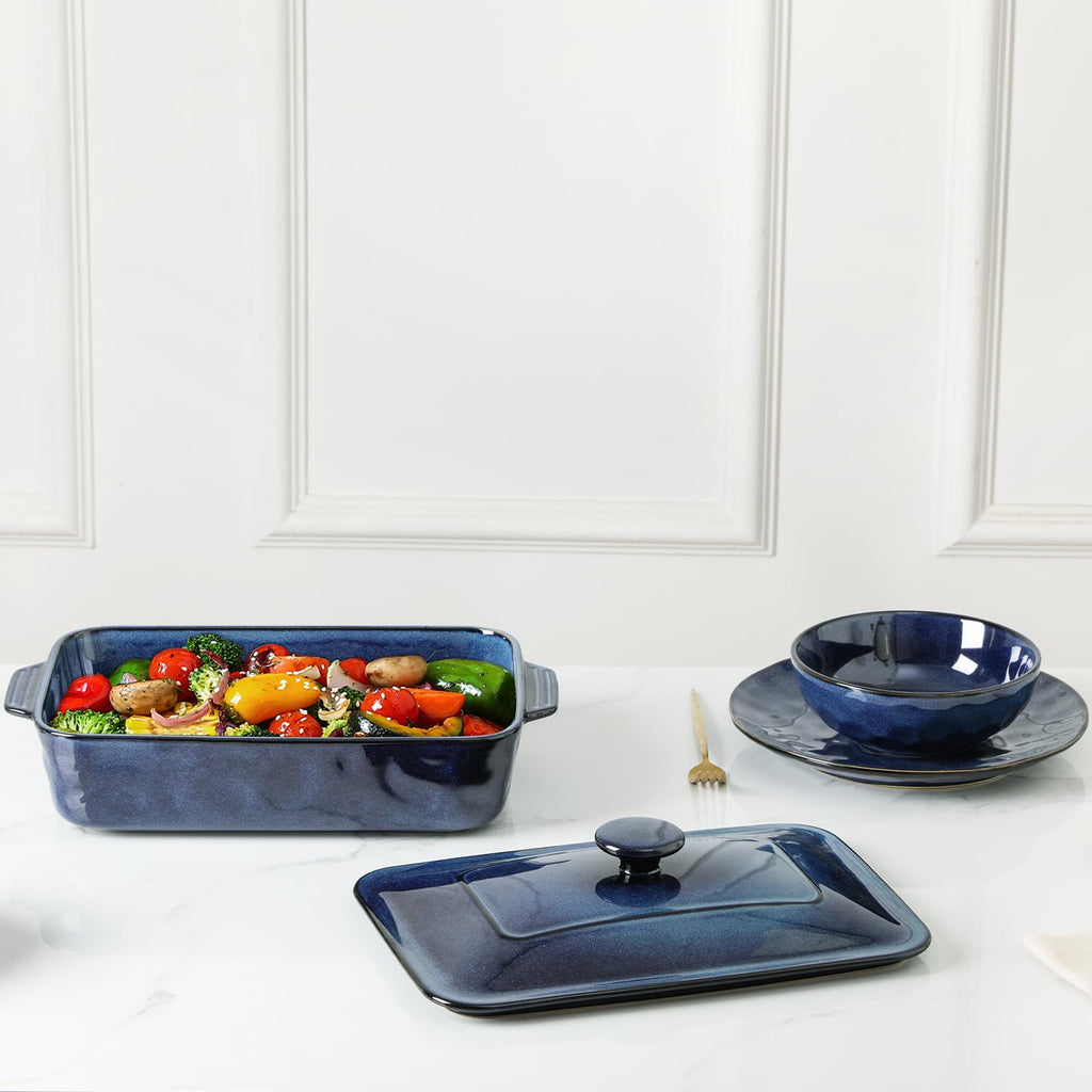 Ceramic Casserole Dish with Lid, 4.2 Quart Deep Baking Pan with Handles, Rectangular Lasagna Pan, Oven, Microwave &