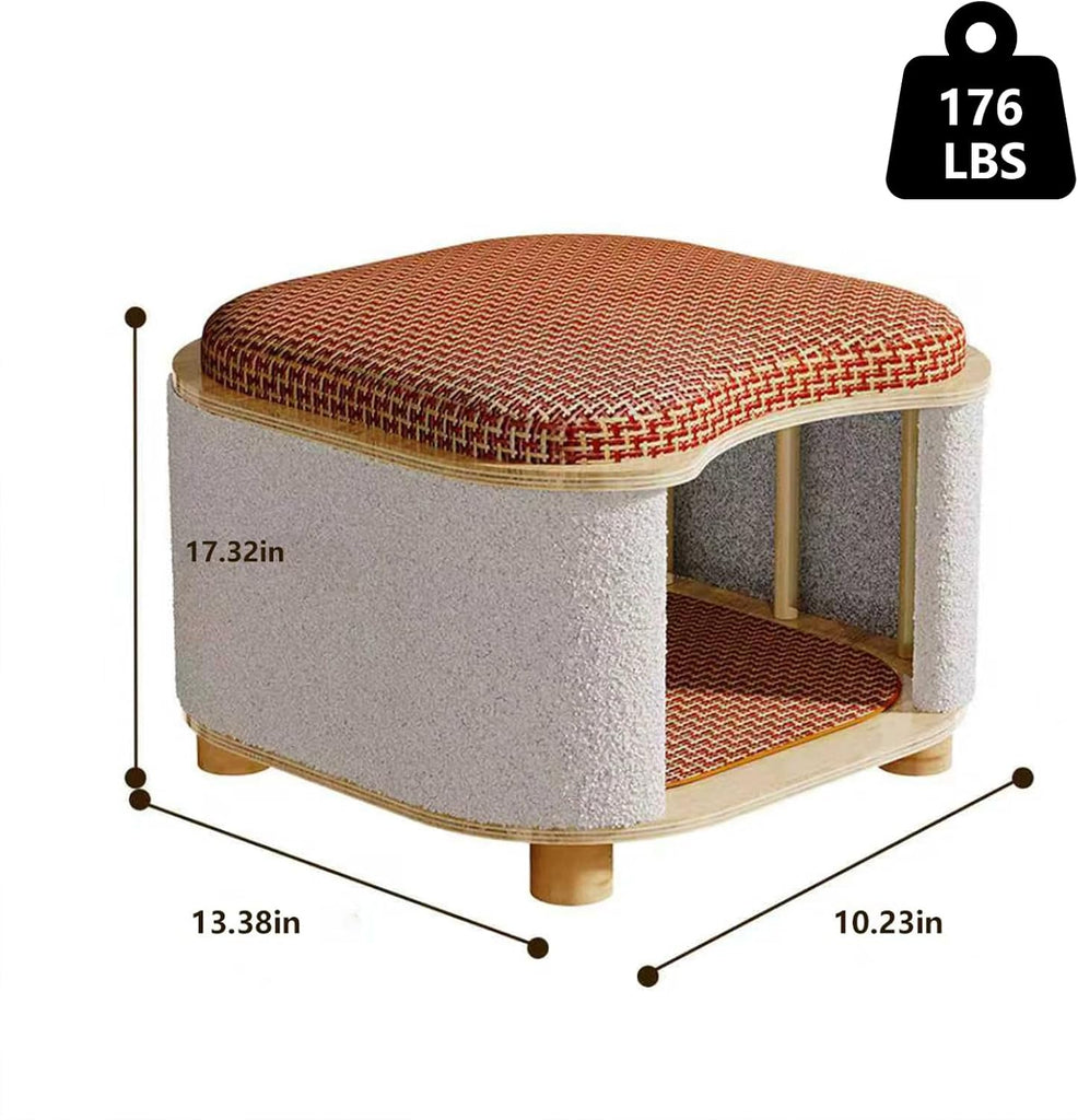 Multi-Functional Wooden Cat Cabinet, Cat Bed with Scratch Pad & Rattan Cushion, Hidden Cat Cave & Ottoman Stool