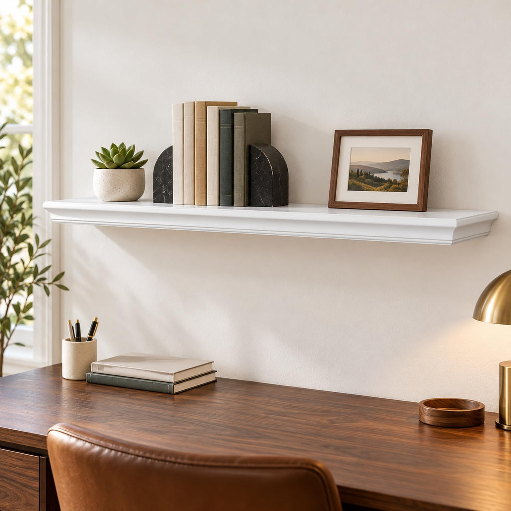 48" White Floating Shelf, 8" Deep Wall Ledge for Photos & Books