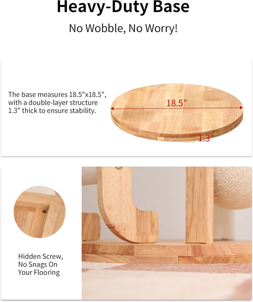 Wood Cat Tree for Large Cats, Modern Cat Tree Tower with Wide Shelves Cotton Scratching Posts, Super Sturdy Base