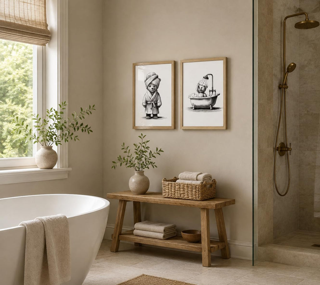 2Pc Framed Bathroom Wall Art Cute Bear Bath Canvas 16x24 Decor