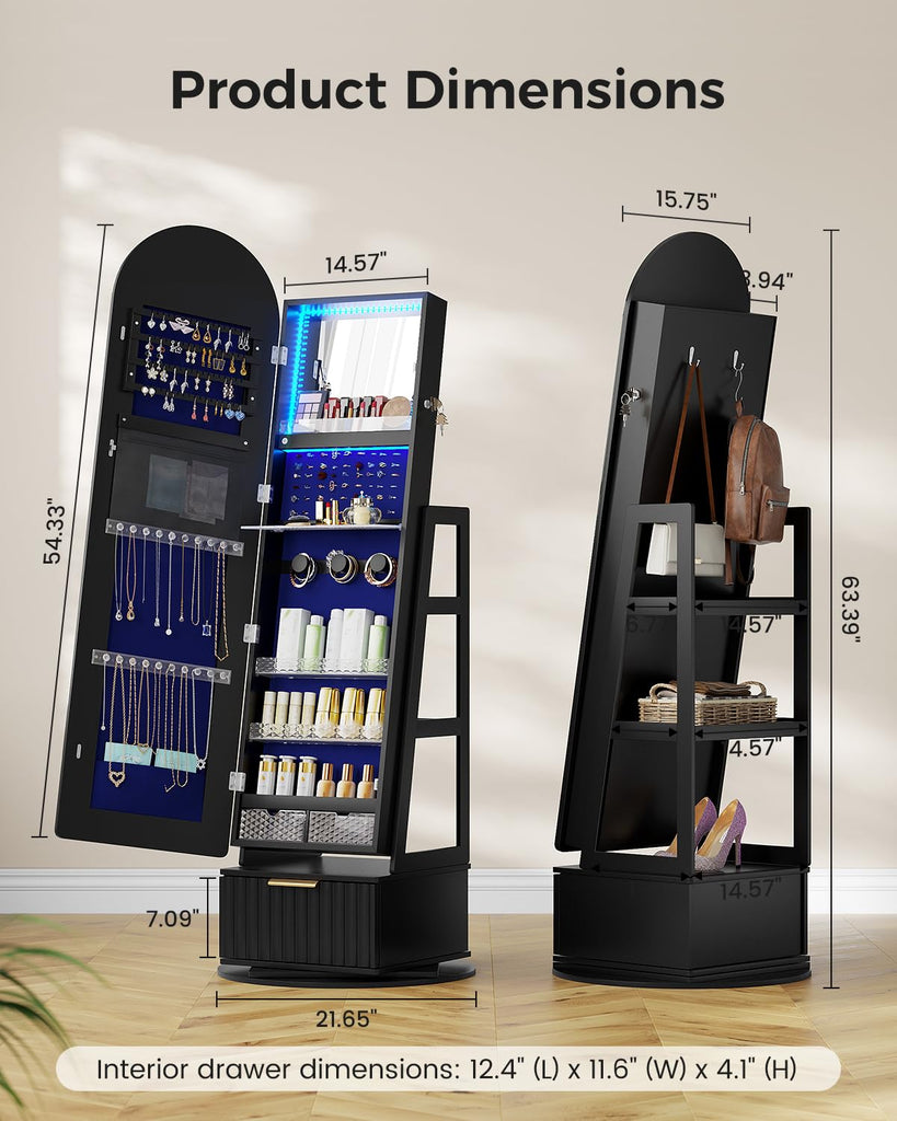 Arched Jewelry Cabinet with RGB Full-Length Mirror and Storage