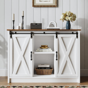Coffee Bar Cabinet with Sliding Barn Doors, 42"Farmhouse Buffet Cabinet with Storage, Coffee Bar with Adjustable