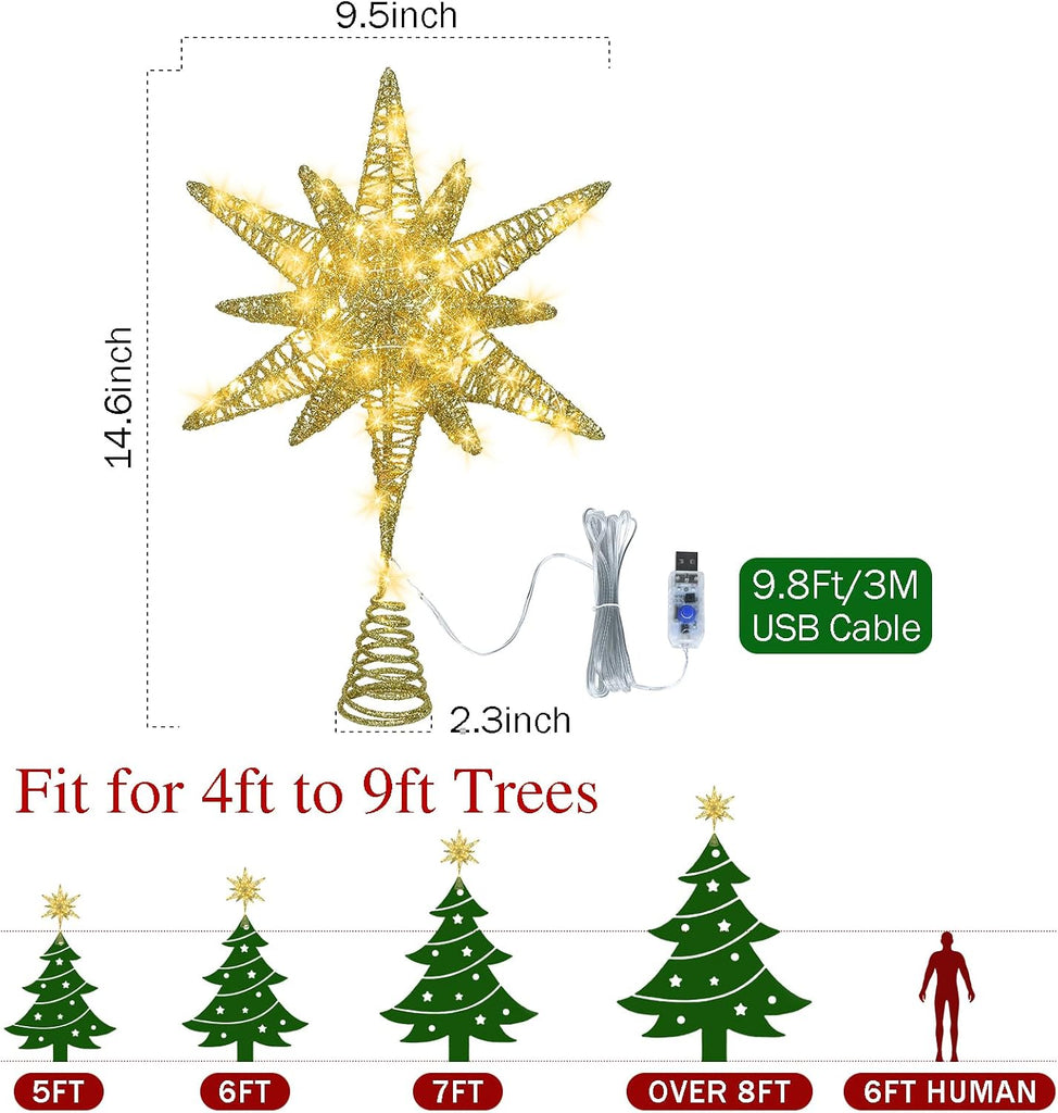 15 Inch Star Christmas Tree Topper with 50 Lights & Remote, Gold Star