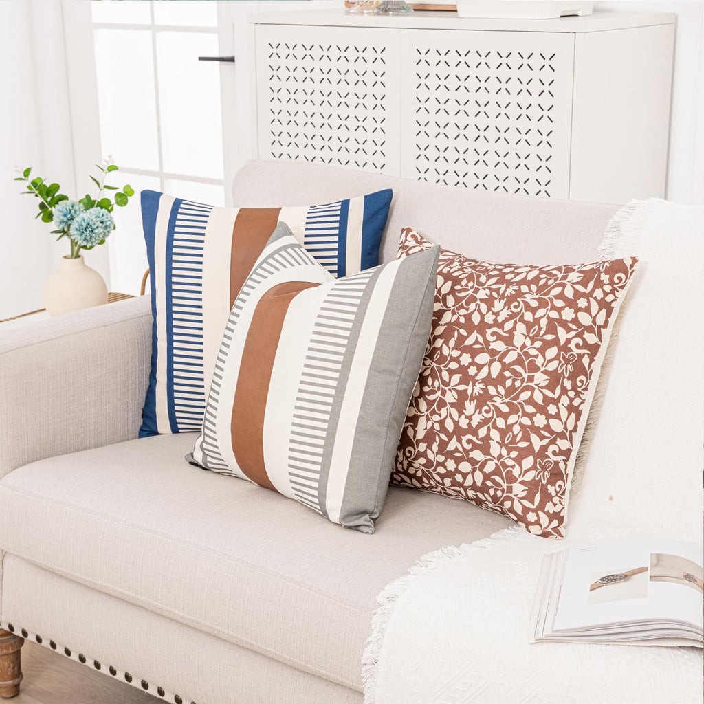 2 Pack 18x18 Inch Pillow Covers - Brown Faux Leather & Gray Stripe Print Soft Cotton Splicing, Same Pattern Both