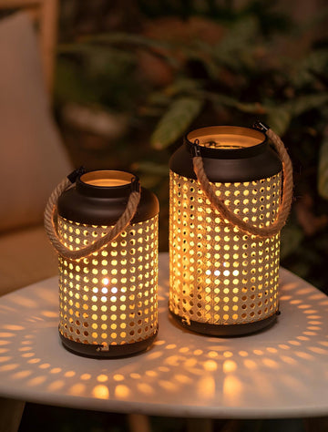 Metal Faux Rattan Candle Lanterns, Set of 2