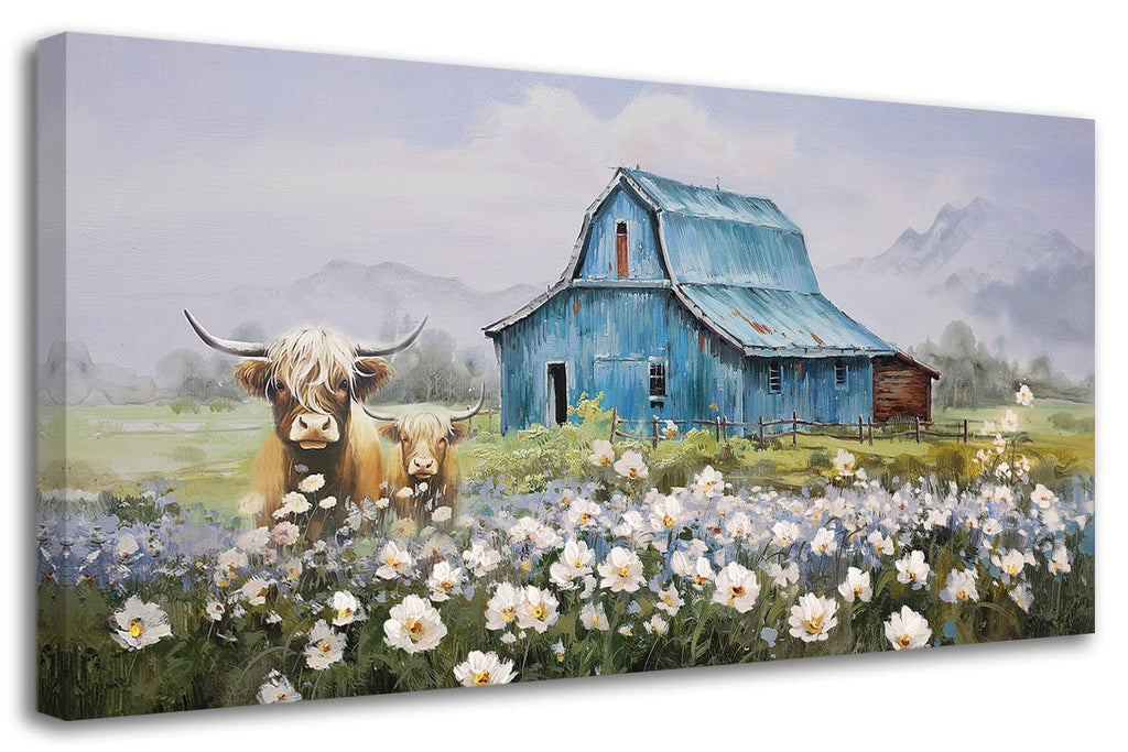 Farmhouse Highland Cow Canvas Wall Art 48"x24"