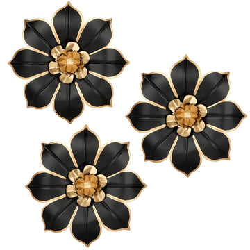 Set of 3 Black and Gold Metal Flowers Wall Art Decor 10"