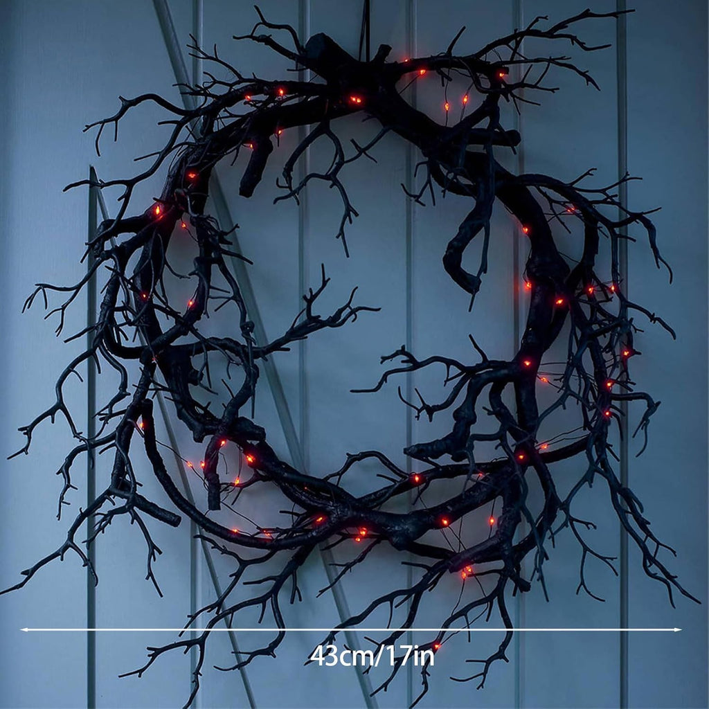 Spooky Halloween Wreath with Red Lights - Glitter Black Branch Handcrafted Decor for Front Door, Indoor/Outdoor Party