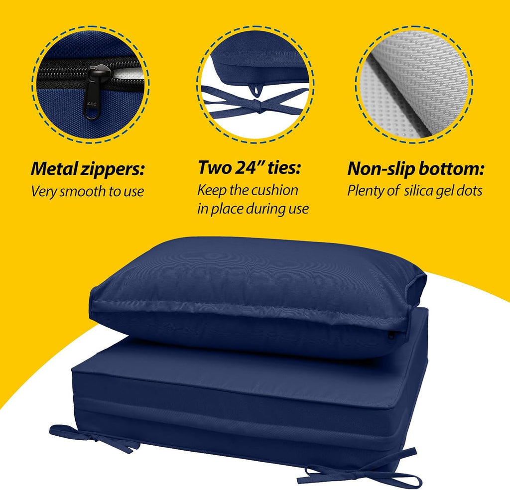 Outdoor Chair Cushions, 24 x 24 x 5 + 13.5 in, Set of 1 | Patio Furniture Replacement Seat Cushions, Fade-Resistant
