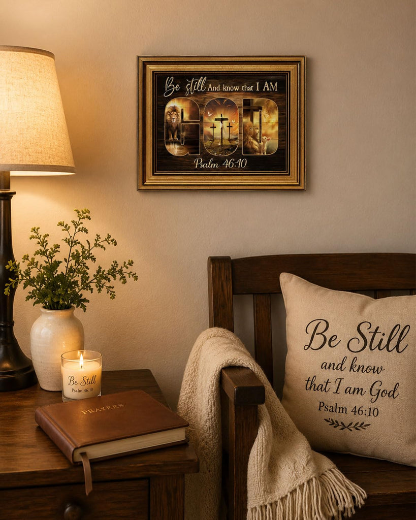 Gold Framed Wall Art, Christian God Canvas Prints, Lion and Lamb Cross Picture Wall Decor, Religious Bible Verse