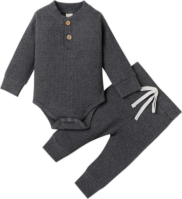 Newborn Infant Baby Boys Girls Fall Winter Clothes Ribbed Long Sleeve Romper Tops and Pants Outfits Set