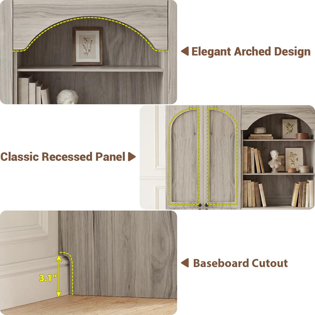 80" Tall Bookcase System with 3 Drawers & Tempered Glass Doors | Arched Bookshelf with Flush Wall Fit, Wooden Pantry