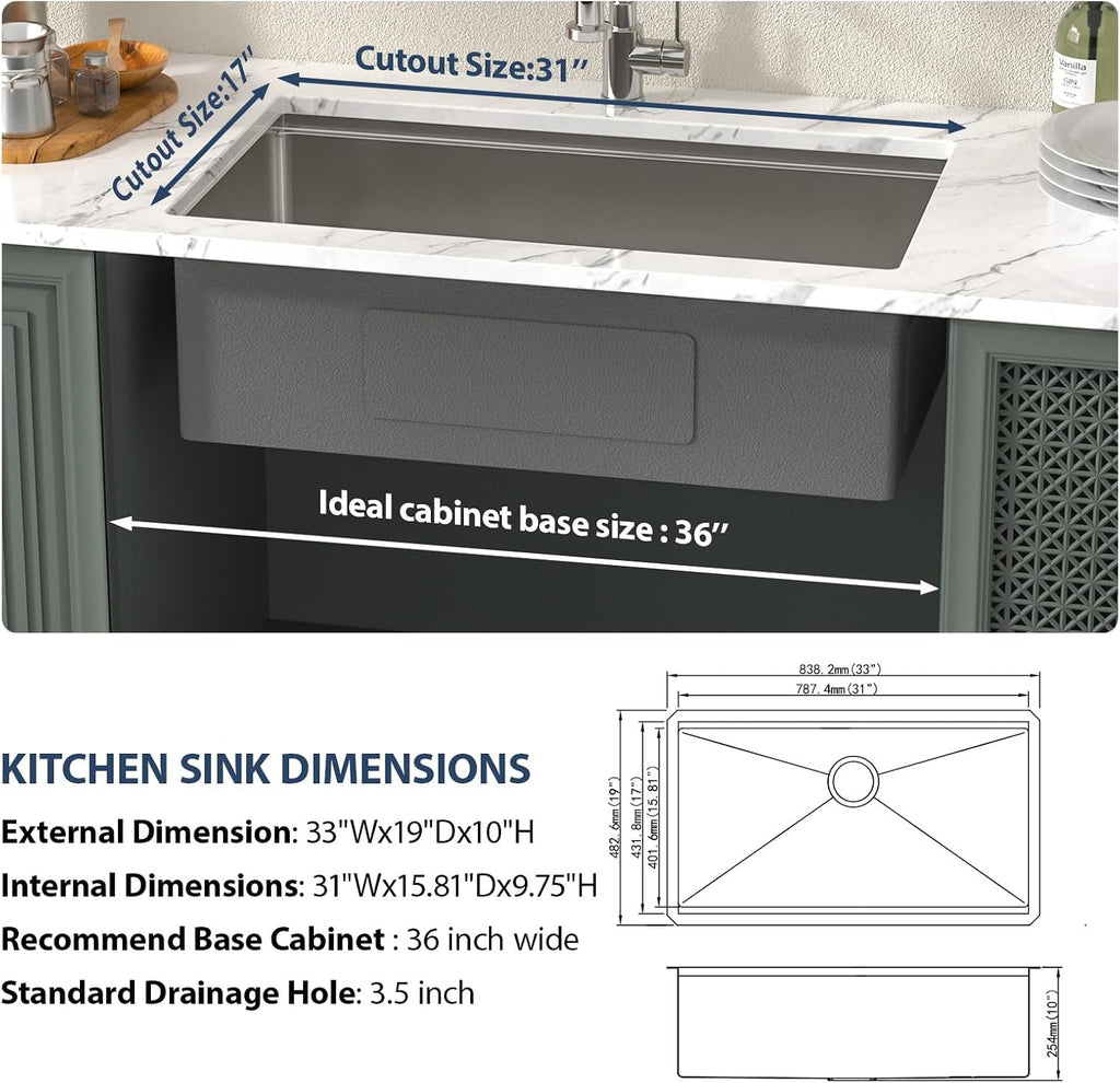 33 Inch Undermount Kitchen Sink Workstation 33"x19"x10" | SUS304 16 Gauge Single Bowl Handmade Under Counter Kitchen