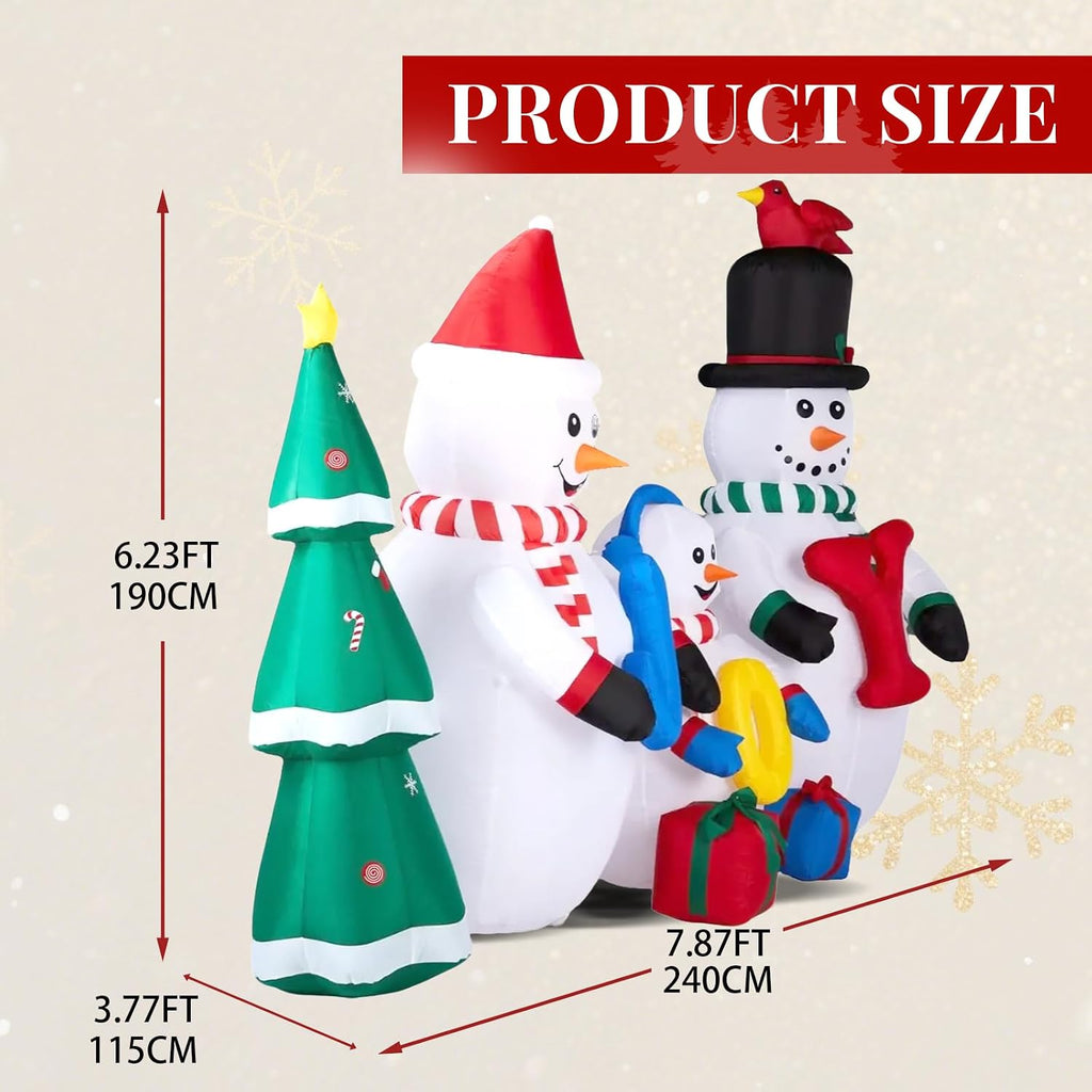 8FT Lighted Christmas Inflatables Decoration, Inflatable Snowman Family with Joy and Xmas Tree, Funny Blow Up Decor